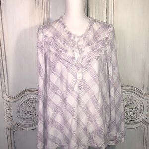 William Rast Lavender Plaid on White Soft Popover Button Down Long Sleeve Top